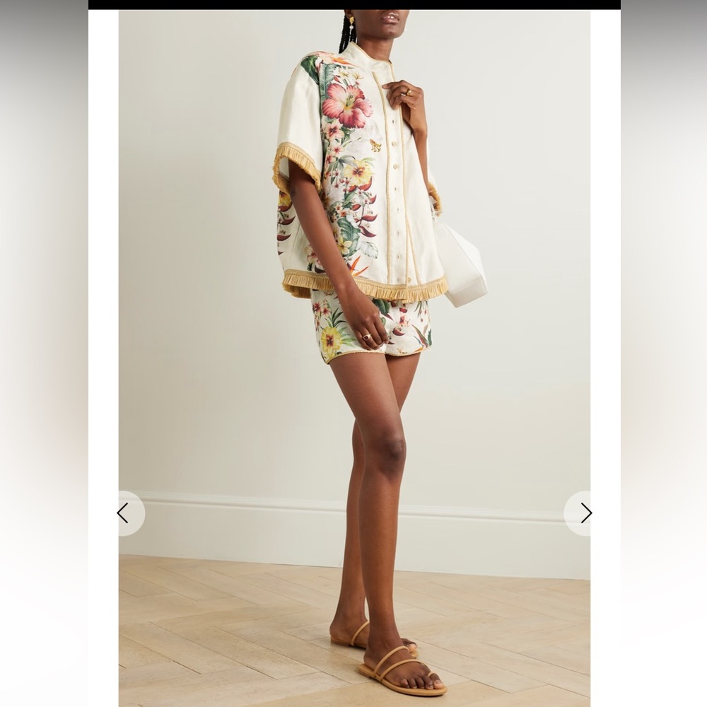 Zimmermann Lexi Tropical Floral Raffia Trim Button Up Shirt Ivory Palm AU3 US 10